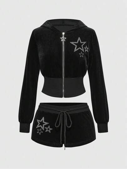 J-Fashion Y2K Rhinestone Star Women 2 Pieces Set