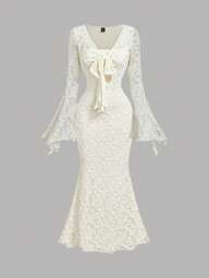 SHEIN MOD Elegant Romantic Cream White Lace Mermaid Dress For Women,V-Neck Flare Sleeve Front Tie Waist Flocked Hem,Autumn Dining Wedding Guest Dinner Mother