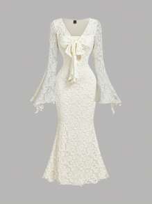 SHEIN MOD V-Neck Flare Sleeve Front Tie Waist Flocked Mermaid Hem Apricot Dress, White Lace Mermaid Dress, Ivory Lace Dress, Fishtail Lace Dress, White Mermaid Dress, Ivory Mermaid Dress, Elegant Dresses For Party, Dress, Wedding Guest Dress Women, Birthday Dresses For Women,Fall Wedding Guest Dress - Apricot - View 1