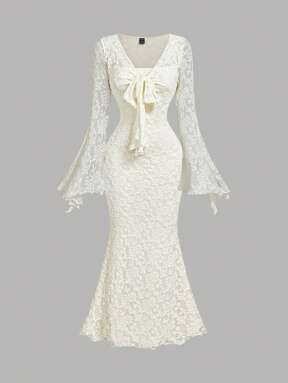SHEIN MOD Elegant Romantic Cream White Lace Mermaid Dress For Women,V-Neck Flare Sleeve Front Tie Waist Flocked Hem,Autumn Dining Wedding Guest Dinner Mother