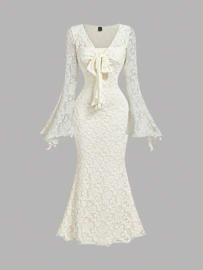 SHEIN MOD V-Neck Flare Sleeve Front Tie Waist Flocked Mermaid Hem Apricot Dress, White Lace Mermaid Dress, Ivory Lace Dress, Fishtail Lace Dress, White Mermaid Dress, Ivory Mermaid Dress, Elegant Dresses For Party, Dress, Wedding Guest Dress Women, Birthday Dresses For Women,Fall Wedding Guest Dress