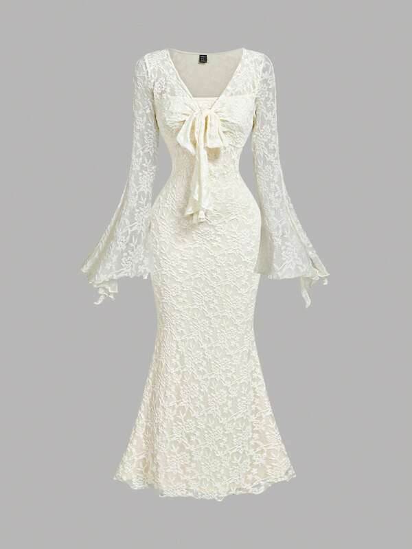 SHEIN MOD V-Neck Flare Sleeve Front Tie Waist Flocked Mermaid Hem Apricot Dress, White Lace Mermaid Dress, Ivory Lace Dress, Fishtail Lace Dress, White Mermaid Dress, Ivory Mermaid Dress, Elegant Dresses For Party, Dress, Wedding Guest Dress Women, Birthday Dresses For Women,Fall Wedding Guest Dress