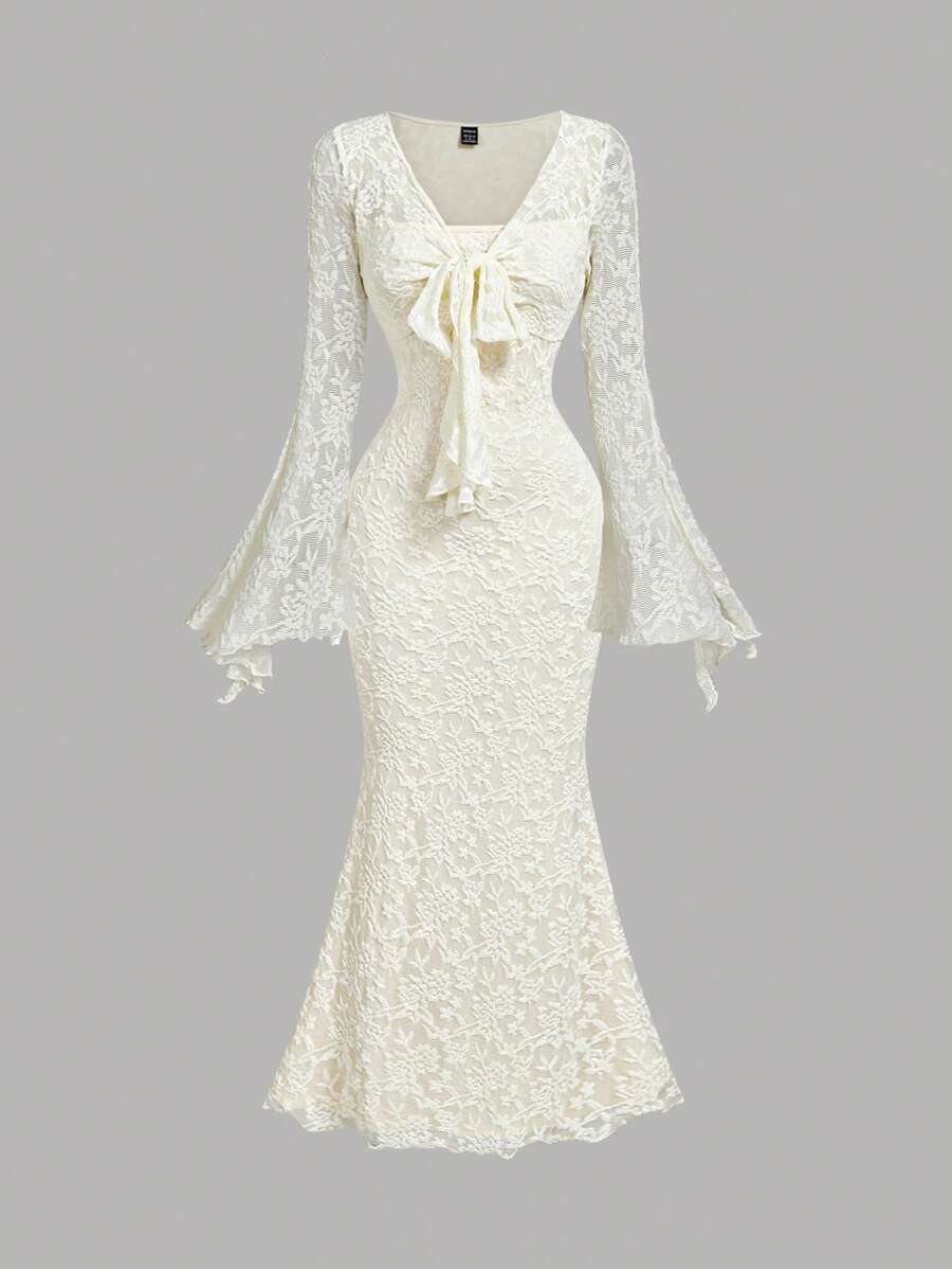 SHEIN MOD V-Neck Flare Sleeve Front Tie Waist Flocked Mermaid Hem Apricot Dress, White Lace Mermaid Dress, Ivory Lace Dress, Fishtail Lace Dress, White Mermaid Dress, Ivory Mermaid Dress, Elegant Dresses For Party, Dress, Wedding Guest Dress Women, Birthday Dresses For Women,Fall Wedding Guest Dress - Apricot - View 1
