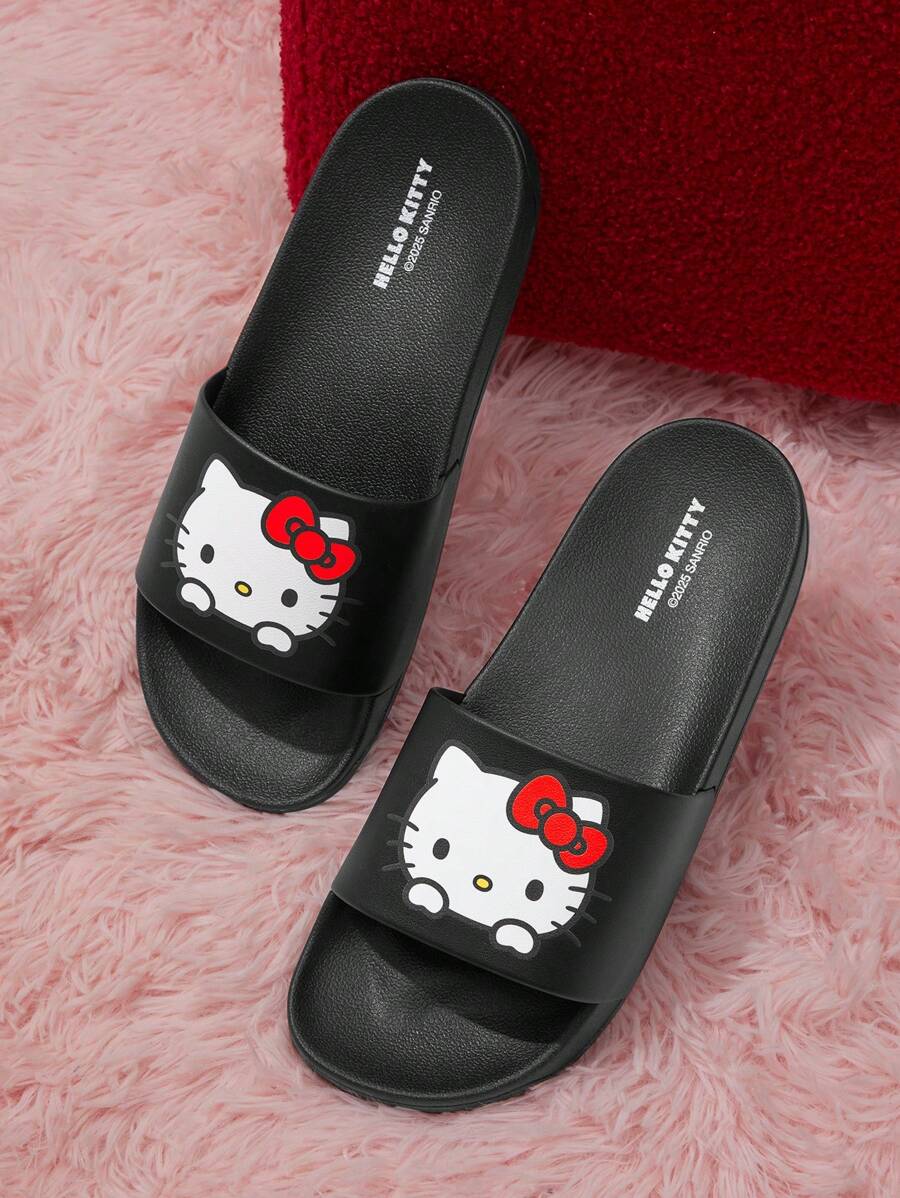 HELLO KITTY AND FRIENDS | SHEIN 时尚可爱卡通猫咪图案 PVC 女士拖鞋，适合室内或室外穿着，男女通用 - 黑色 - 查看 1
