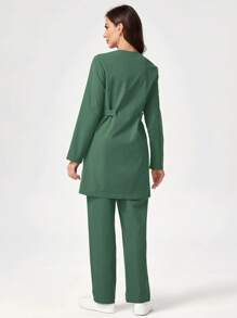 TaskEZ Solid Color Pocket Designed Long Sleeve Top And Long Pants Nursing Scrub Uniform Set, Women Scrub Sets, Nursing Scrubs, Women Workwear Scrubs - Army Green - View 2