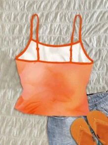 SHEIN EZwear Camiseta de tirantes de estilo vintage casual/vacacional, sexy y linda, con estampado de flor de hibisco naranja en efecto tie-dye, diseño gráfico con acuarela floral y cocotero, estilo bohemio y adecuada para el verano