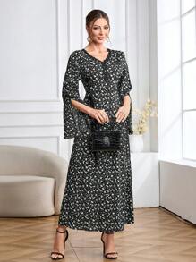 Al Najma Robe femme col V à manches évasées, ceinture à nouer à la taille, contraste de couleur noir et imprimé floral violet