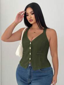 Elenzga Blusa de unicolor con tirantes para estilizar la cintura para mujeres de talla grande - Verde militar - Ver 4