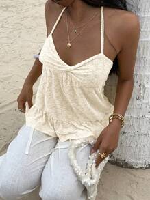 Sunnyshic Áo hai dây đan chéo ren màu trơn, thời trang cho mùa hè - Màu be - Xem 3