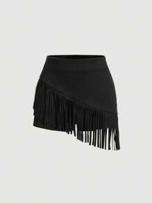 SHEIN MOD Women's 2pcs Black Suede Fringe Set, Music Festival Outfit, Western Style - Black - View 5
