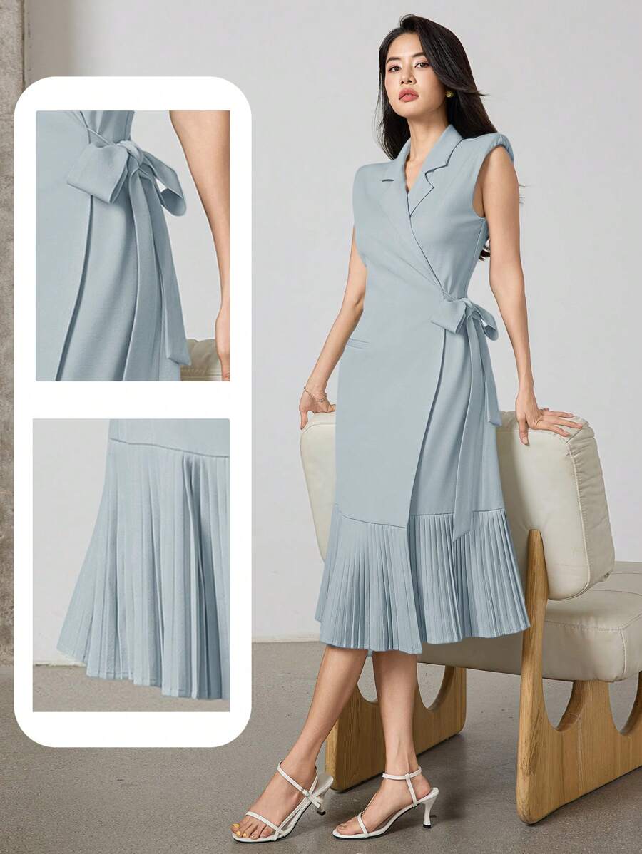 Heiryn 女士纯色褶裥交叉系带无袖中长连衣裙 - 藍色 - 查看 1