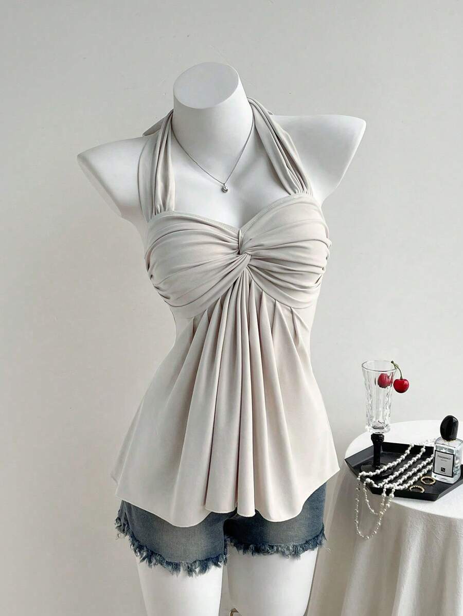 Comfortcana Áo hở lưng màu mơ cho nữ - Màu be - Xem 1
