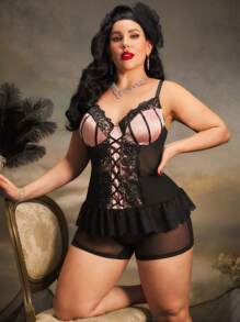 2pcs Plus Size Lingerie Set With Underwire, Criss-Cross Straps, Lace Patchwork, Slimming Cut, Lace Trim, Ruffle Hem, Vintage, Palace Style - Multicolor - View 5