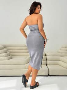 Solflare 2pcs/Set High Stretch Black + Gray Ruched Waist Slit Dress, Plus Size, Spring/Summer Rave Vacation Sexy Western - Multicolor - View 2