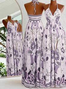 Flirla Bohemian Style Printed Beach Slip Dress - Purple - View 1