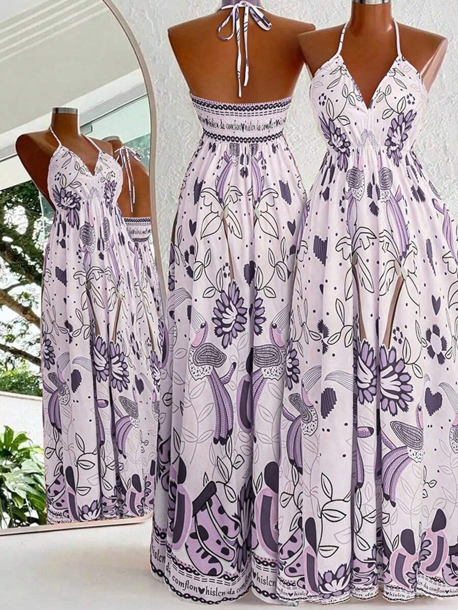Flirla Bohemian Style Printed Beach Slip Dress - Purple - View 1