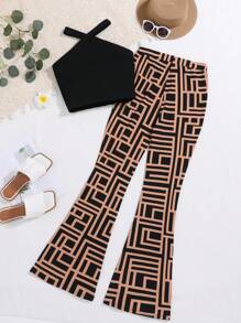 SHEIN Teen Girls Halter Top & Geo Print Flare Leg Pants