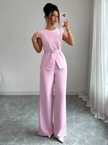 Elenzga 女士优雅办公室通勤休闲下午茶派对装，领腰金属纽扣可调节肩部不对称下摆分层衬衫搭配宽松阔腿裤套装，2 件套，春夏 - 粉色 - 查看 3