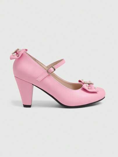 Kawaii Chaussures à talons hauts Mary Jane à bout rond roses pour femmes, design de patchwork floral de style Lolita classique