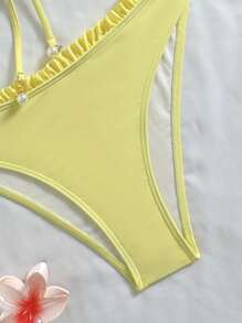 Swim Mod Damen einfarbiger, süßer Rüschen-Binden-Vorne Lässig Beach Gelb Bikini-Set, Sommer - Gelb - Übersicht 5
