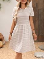 Ladies' Summer Round Neck Floral Print A-Line Short Elegant Dress Striped Summer Dress Casual Summer Dress Fit And Flare Dress