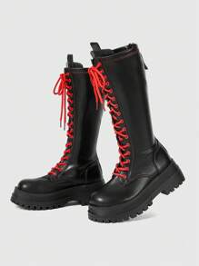 ROMWE Goth Women's Knee-High Boots Fashionable Lace-Up Thick-Soled Chunky Heel Women's Boots