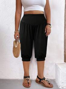 SHEIN CURVE+ Extra Plus Size Soft Solid Color Wide Leg Casual Lounge Capri Pants, High Waist, Comfortable & Loose, For Spring/Autumn