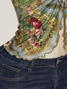 SHEIN ICON 大码女式花卉印花不对称下摆褶皱露背上衣，复古 Y2K 风格花卉印花露背衬衫 - 彩色 - 查看 8