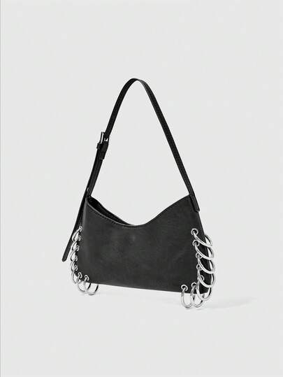 Grunge Punk Fashionable Hoop Decor Motorcycle Underarm Shoulder Bag