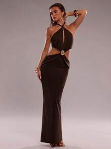 SHEIN BAE 性感吊带系带露背镂空腰部修身女式长裙 - 咖啡棕 - 查看 8