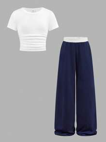 SHEIN 青少年女孩炫酷运动纯色短袖T恤和直筒运动裤套装 - 藏蓝色 - 查看 14