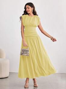 Modelyn 女士优雅荷叶边下摆设计连衣裙，时尚魅力，春夏 - 淡黃色 - 查看 6