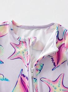 Baby Girl Casual White Starfish & Shell Sea Life Digital Print Long Sleeve Zipper Bodysuit - White - View 4