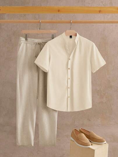 HIMLAND 2pcs/Set Men's Fitted Woven Revere Collar Short Sleeve Casual Shirt Suit Linen Men Set 2 Piece Set Men Summer Men Shirt Co Ords Cream Outfit Men Pants And Shirt Set