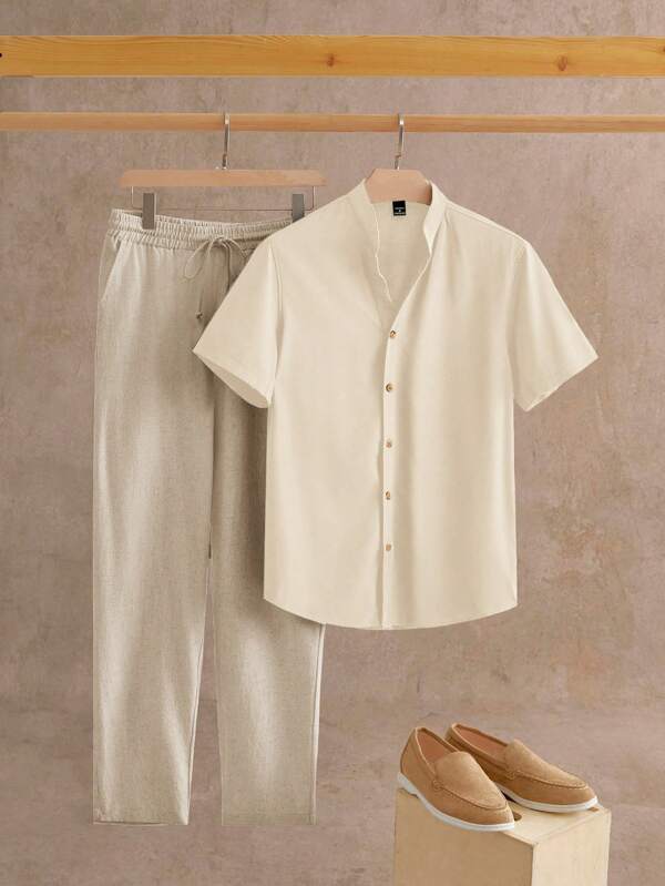 HIMLAND 2 pièces/set Chemise décontractée à manches courtes, col Mao ajustée pour hommes