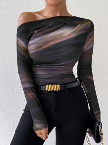 SHEIN Tall Women Tie Dye Print Asymmetrical Neck Ruched Long Sleeve T-Shirt For Spring Outfit Fall Cloth For Women - Brown - View 6
