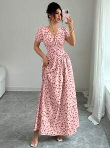 Elenzga Elegant Women's Summer Elegant Elastic Waist Puffed Sleeve Women's Long Dress, Maxi Dress. Dành cho mùa xuân/hè, trang phục hòa nhạc cho nữ, thanh lịch phù hợp để đi làm hàng ngày, lễ hội âm nhạc, trang phục ngày lễ/váy xếp nếp/hoa đồng quê/phong cách đồng quê hoa màu be 03/đồng quê/hoa - Hồng - Xem 5