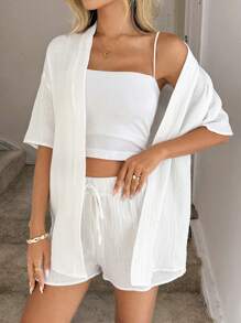 Easowa Bộ đồ kimono cotton trắng nhăn + quần short, trang phục đi nghỉ thường ngày cho mùa xuân/hè - trắng - Xem 5