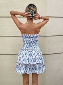 SHEIN Frenchy Conjunto de ropa de calle de verano para mujer - Vestido de tirantes casual y elegante con bordado y cintura baja con fruncido, perfecto para la playa, citas y cumpleaños - Nueva llegada 2025 para verano y otoño - Azul y blanco - Ver 6