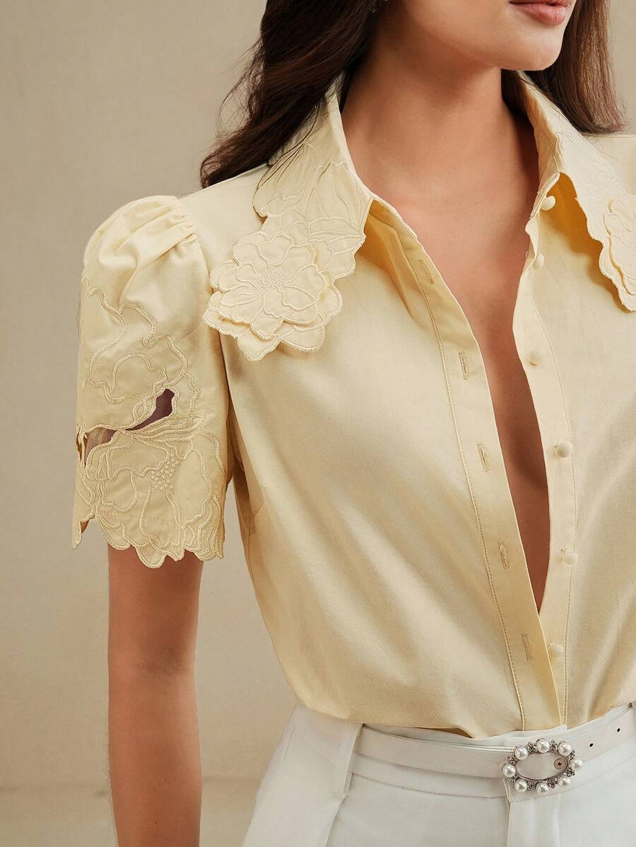 Anewsta 女士花卉蕾丝镂空刺绣优雅衬衫上衣，现代办公室通勤装，夏季 - 黃色 - 查看 1