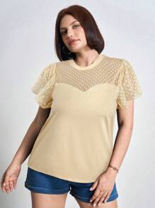 Chikora Plus Size Music Festival Women Loose Fit Round Neck Mesh Contrast Ruffle Short Sleeve Top For Summer,Office - Apricot - View 5