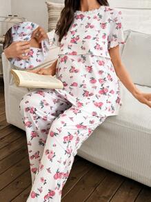 SHEIN Post Partum Lounge Set Romantic Printed Milk Silk Contrast Lace Comfortable Maternity Pajamas
