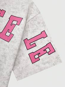 SHEIN Set 1 tricou cu mânecă scurtă și pantaloni lungi evazați pentru fete, vintage, casual, cu guler rotund, model cu litere, potrivit pentru joacă în aer liber și școală - Gri - Vizualizare 6