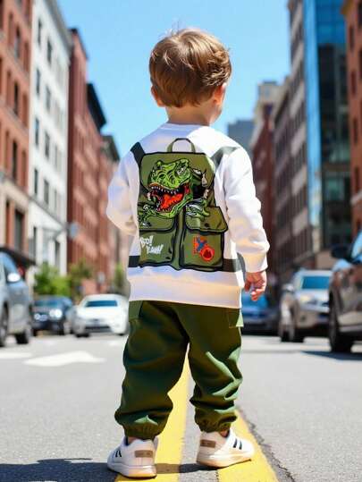 2pcs Set Baby Boys' White Fashion Sweatshirt Dinosaur Backpack Digital Print Soft Touch Long Sleeve Top & Military Green Elastic Waist Pants Outfit, Suitable For Outdoor, Holiday, Shopping, Party & Photo Shoot Infant Boy Clothes Set