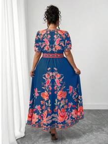 Elenzga Plus Size Women's Fashionable Versatile Thai Maldives Vacation Beach Holiday Bohemian Printed Tie Waist V-Neck Cap Sleeve Dress, Spring Summer - Multicolor - View 2