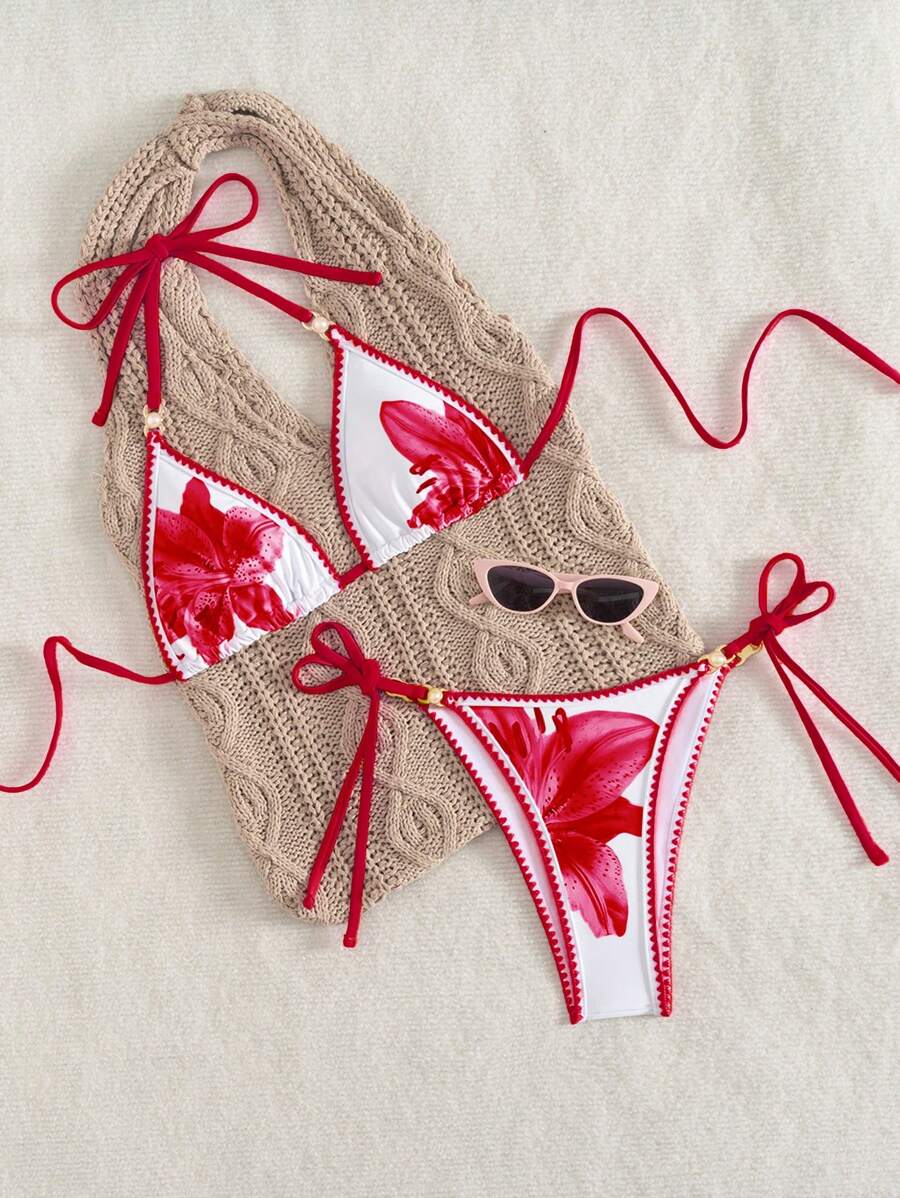 Swim Mod 夏季海滩派对女士时尚度假多色印花吊带背心露背上衣和可爱花卉短裤比基尼套装 - 彩色 - 查看 1