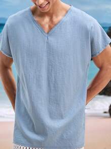 Manfinity VCAY Top sin mangas de cuello en V de color azul sólido, de moda para el verano