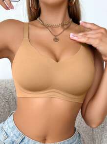 SHEIN 1 件女士休闲无缝无线纯色贴身内衣，带波浪下摆 - 杏色 - 查看 8