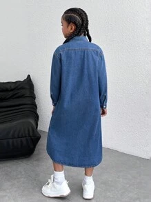 Vestido longo jeans azul-marinho folgado, estilo urbano e estiloso, estilo Y2K para meninas adolescentes, estilo folgado, mangas compridas, casual e versátil para meninas adolescentes, fantasia para o dia a dia, roupas para meninas adolescentes e trajes de rua para meninas adolescentes. - Lavagem Média - Ver 2