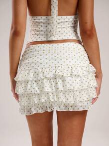 SHEIN BAE 女式波尔卡圆点印花多层休闲裙，夏季 - 綠色 - 查看 2